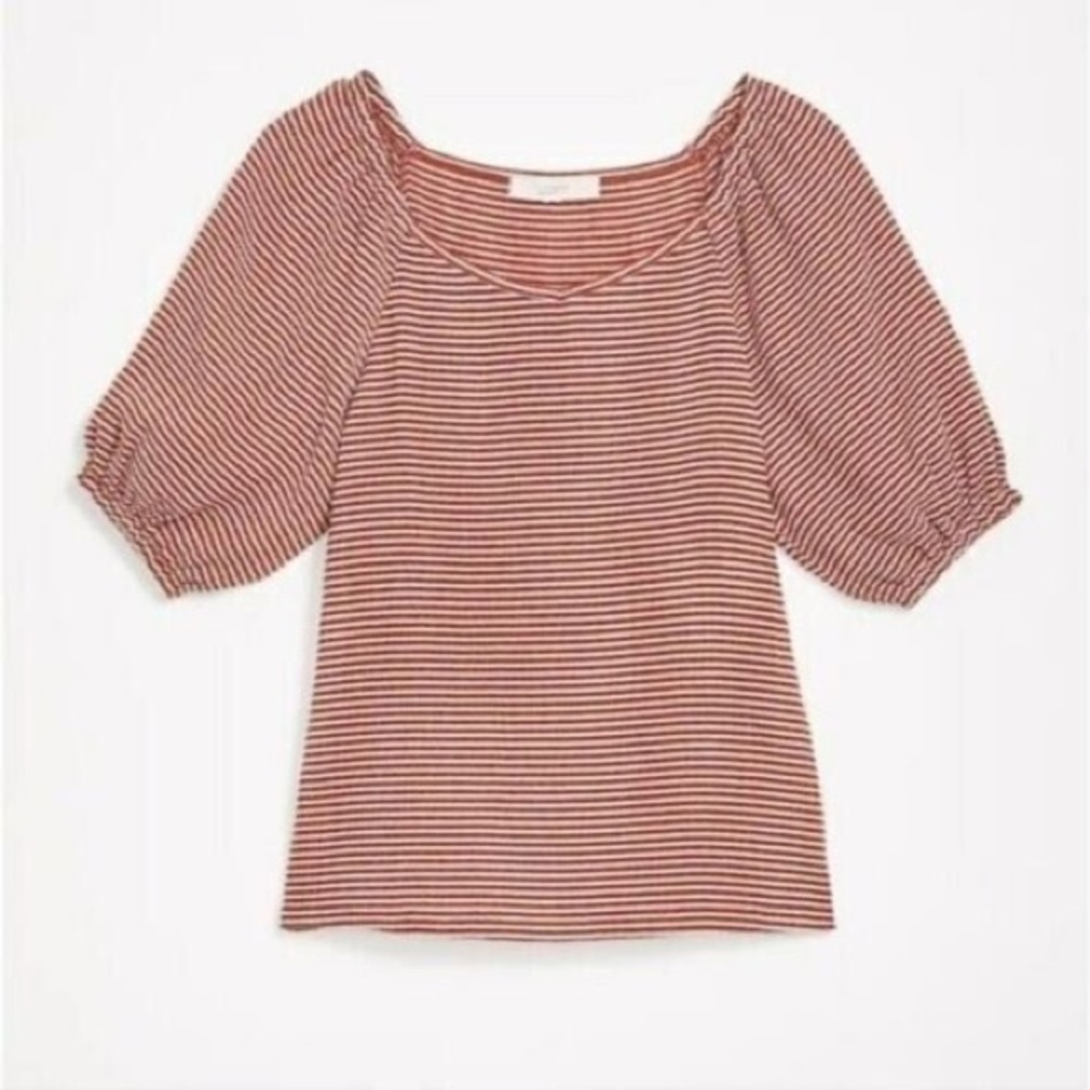 Loft Red Rust Ribbed Striped Balloon Sleeves Knit Top size Large NWT
